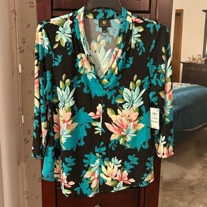 JM Collection Black Floral V-Neck Blouse